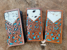 Load image into Gallery viewer, Cowhide &amp; Tooled Leather Wallets