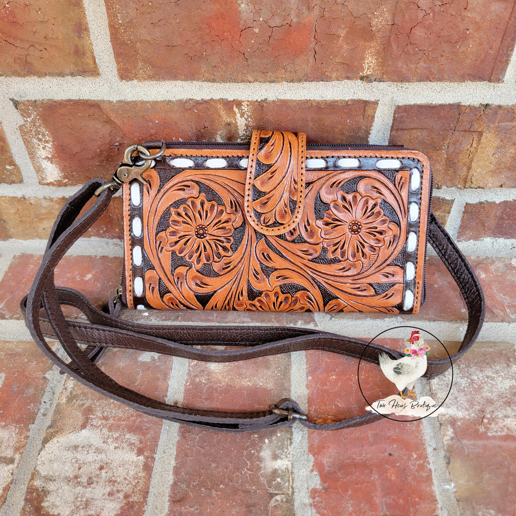 Small Tooled Leather Crossbody Wallet
